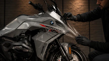 Мастер STRADA оклеивает бак мотоцикла BMW защитной плёнкой